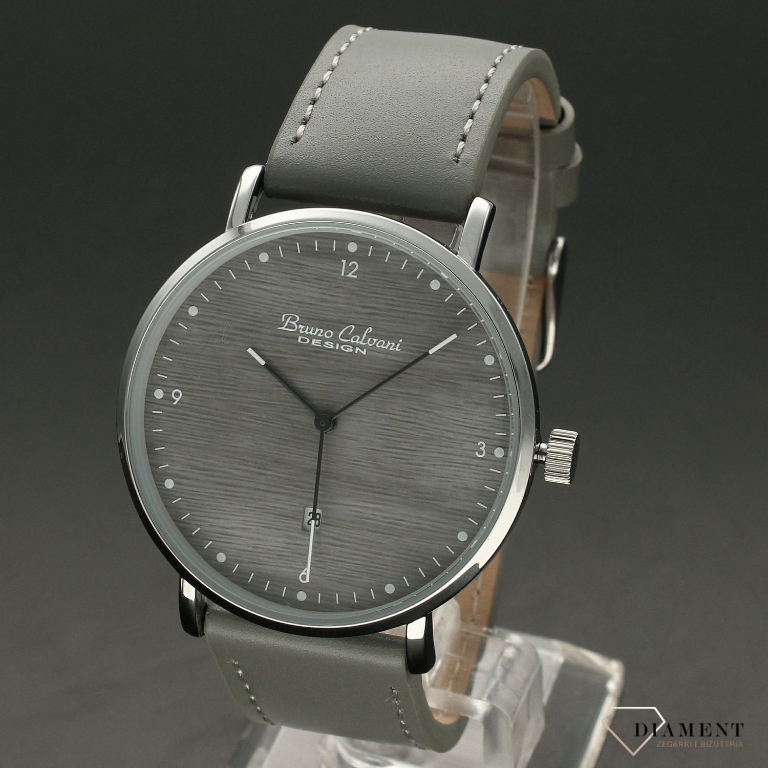 Zegarek męski BRUNO CALVANI BC90271 Szary pasek. Zegarek męski z szarym skórzanym paskiem. Zegarek męski w kolorze szarym z białymi indeksami i głównymi cyframi arabskimi. Wygodny datownik w formie popularnego okienka (2).jpg